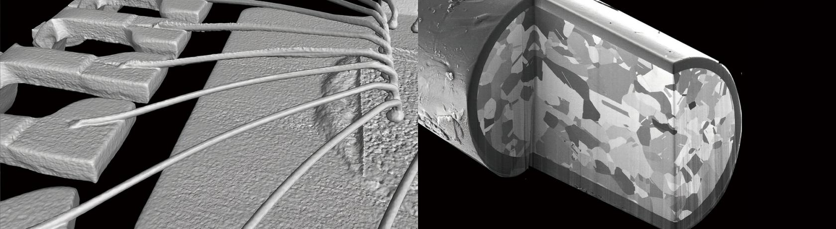 Left: semiconductor packaging X-ray CT image right: wire section