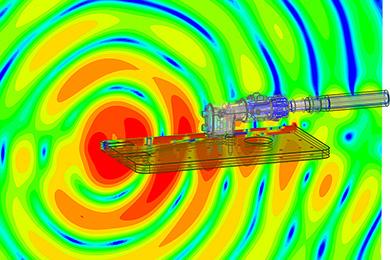 Based on the electromagnetic noise radiation of high frequency CAE analytical figure connector in the electromagnetic radiation of strong wave (red: strong), changes in strength and spread