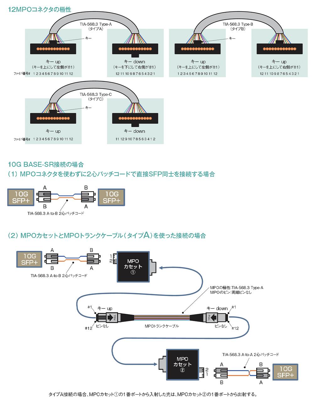 mpoコネクタの極性，ピンアサescンと基本的な接続方法