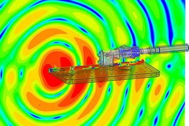 这张基于高频CAE的电磁噪声辐射图显示了连接器电磁辐射过程中波的强度(红色:强)。波以不同的强度传播。